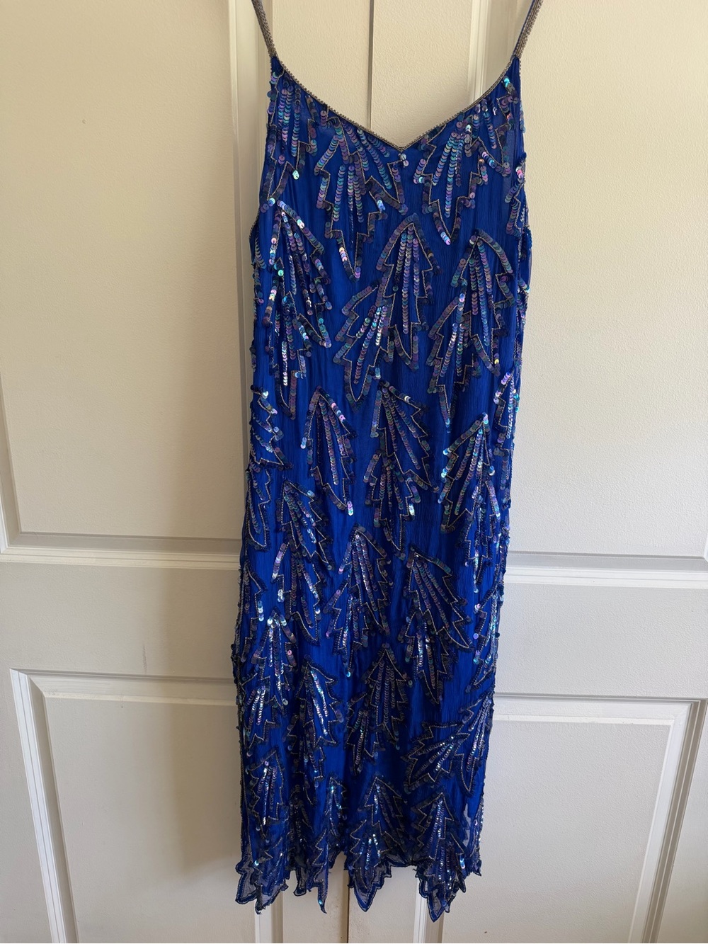 100% Silk Beaded Royal Blue Midi Slip Dress Sexy Evening Dress 1920s Party